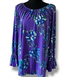 Susan Graver Women’s Floral Tunic Ruffle Sleeve Top Purple Size 1XL